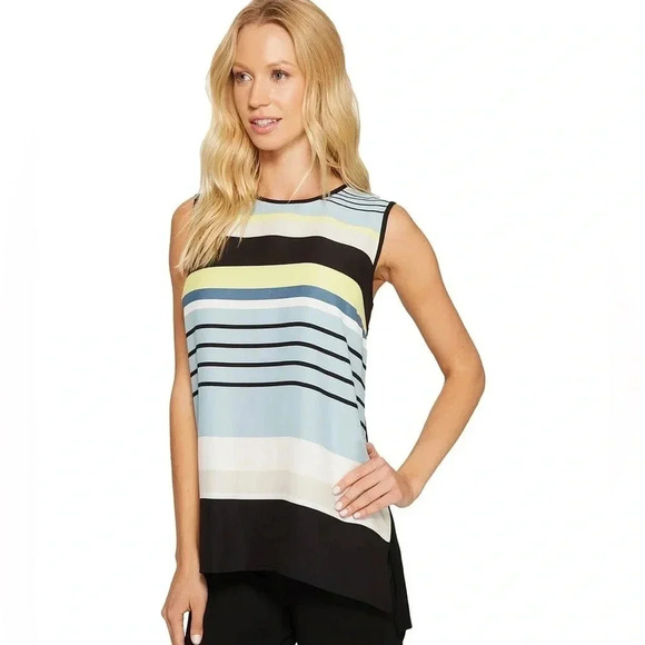VINCE CAMUTO| Black Striped Sleeveless Harmony Knit Back High-Low Top Size XS - Picture 1 of 10